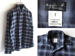 希少 ビンテージ agnes b. homme アニエスベー コットン フランネル オンブレチェックシャツ 1 ネイビー ブルーグレー ブラック 日本製