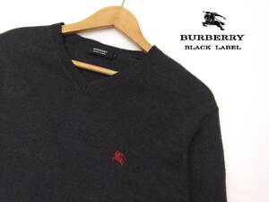 ■BURBERRY BLACK LABEL■薄手 セーター チャコールグレー サイズ2 ライン入り イタリア製糸 羊毛 ニット バーバリーブラックレーベル