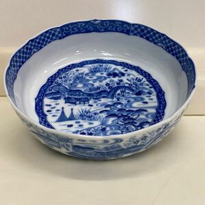 669 美品 五代目 喜八 大吉窯 大鉢 約23cm 高さ7.5cm 染付 和食器 盛鉢 深鉢 盛皿 煮物鉢 和皿 飾り 菓子入れ