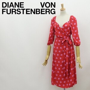 ◆DIANE von FURSTENBERG ダイアンフォンファステンバーグ 総柄 七分袖 ラップ ワンピース レッド×ピンク 2