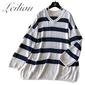 D08◆美品 レリアン Leilian プラスハウス 大きいサイズ 13+ XL 前後 ゆったり ボーダー ニット チュニック カットソー 伸縮 ストレッチ