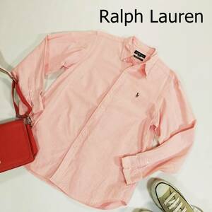 RALPH LAUREN ラルフローレン カラーシャツ サイズ160A 長袖 ピンク ボタンダウン ワンポイント 刺繍ロゴ 左袖右襟シミ 3735