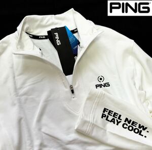 ◆H937新品 【メンズL】白 PING GOLF ピン ダブルフェイス カノコ ハーフジップ ハイネックシャツ バックプリント ゴルフウエア 吸水速乾