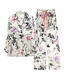 [ユメカイロウ] パジャマ シルク100 サテン レディース 長袖 ルームウェア 水彩画 花柄 ウエストリボン 葉っぱ フラワー 白 前開き