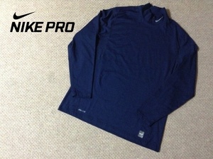 ★ナイキ★ プロ コンバット DRI-FIT モックネック 長袖シャツ ロングスリーブ 紺色 XLサイズ FITTED 刺繍ロゴ NIKE PRO COMBAT 424897-419