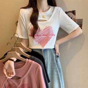 L～5L 大きいサイズ 夏涼感 胸元空き可愛いハート柄プリント Tシャツ 3L ブラック