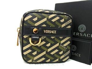 1円 ■新品同様■ VERSACE ヴェルサーチ PVC×レザー ポーチ マルチケース 小物入れ ライトベージュ系×カーキ系×ブラック系 FB8944