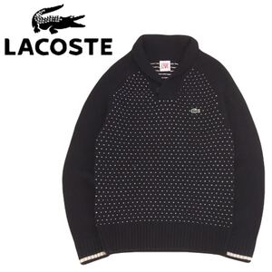 極美品 溢れる高級感 フワフワ極上 LACOSTE LIVE バーズアイ 総柄 ショールカラー ウール ニット セーター メンズ3 ラコステ 黒 2412262