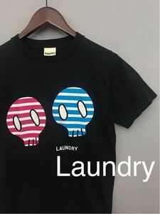 【美品】 ランドリー Laundry Ｔシャツ 半袖 ブラック 丸首 プリント ドクロ ガイコツ スカル ボーダー バックプリント ♪◇