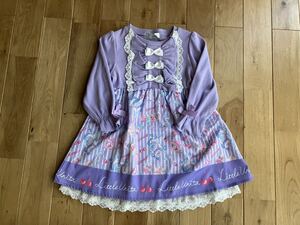 新品 女の子 キッズ エコネコ 長袖 リボン ワンピース 紫 100センチ