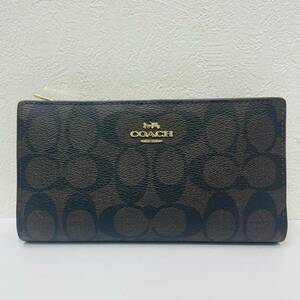 □美品!! COACH コーチ レザースリムジップウォレット シグネチャー 長財布 ユニセックス ブラウン系 金具ゴールド 【F2335OY】