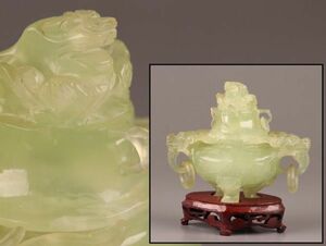 中国古玩 唐物 緑砡石 翡翠 置物 遊環 香炉 時代物 極上品 初だし品 C6330