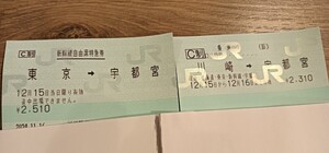 乗車券・新幹線自由席特急券　 特急券　新幹線チケット　東京宇都宮　乗車券　川崎宇都宮　12月15日　期間内1回のみ変更可