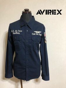 AVIREX U.S.A アヴィレックス ミリタリー シャツ 刺繍 ワッペン トップス レディース サイズM 長袖 ネイビー