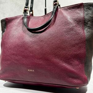 美品 希少カラー●FURLA フルラ ●A4収納 トートバッグ 肩掛け 2way メンズビジネス シボ革 レザー ビジネスバッグ ボルドー バイカラー