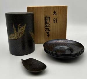 玉川堂 造 折鶴紋 茶筒 鎚起銅器 茶托 茶匙 セット 茶道具 煎茶 道具 古道具 骨董 銅製 新潟 燕市 伝統 工芸 共箱