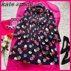 【極美品】kate spade 膝丈ワンピース ブラック 花柄 2 フレア M ケイトスペード 黒