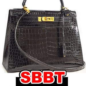 エルメス　ケリー28 外縫い　黒　クロコダイル ポロサス　G金具　〇V刻印　ブラック Black ケリー クロコ HERMES Kelly28 本物 sbbt