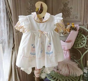 ボリューム袖アンティーク風ワンピース（2枚セット）●ホワイト+ベージュ●綿●キッズ服/子ども服●80cm