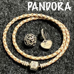 【ws2112】美品 パンドラ Pandora ダブルレザー ブレスレット チャーム シャンパンホワイト 花柄ビーズ ハート ジルコニア セット