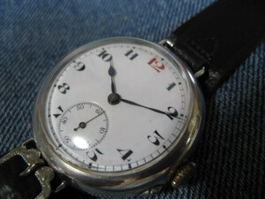 1918年製 NO NAME 銀無垢 エナメル文字盤 WWI ブリティッシュトレンチウォッチ 手巻腕時計 稼働美品 注油済み