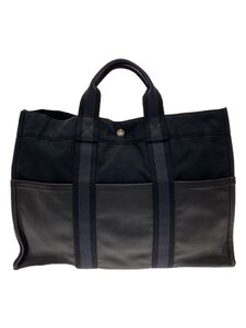 HERMES◆フールトゥMM/ハーフレザー/トートバッグ/コットン/BLK