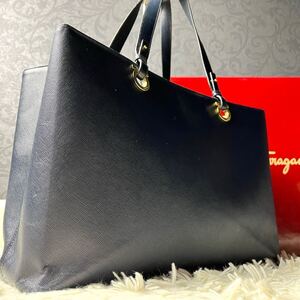 美品○A4可/Salvatore Ferragamo トートバッグ メンズ ガンチーニ フェラガモ レザー サフィアーノ ネイビー 肩掛け ビジネス ブリーフ