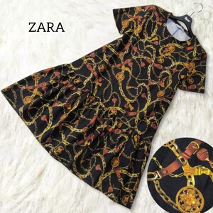 46 【ZARA】 ザラ 総柄 スカーフ柄 ワンピース М 黒 ブラック 半袖 ひざ丈 膝丈 チェーン柄 ゆったり ティアード ストレッチ 個性的