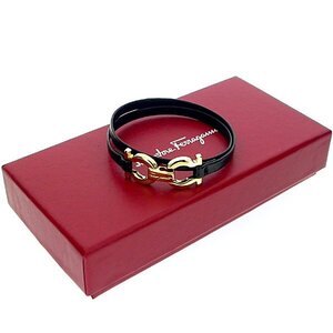 S2708【BSJB】美品 Salvatore Ferragamo サルヴァトーレ フェラガモ ガンチーニ 2連 レザー ブレスレット ブラック 黒