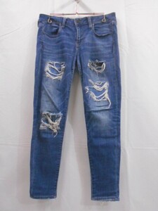 71 送60サ 1208$D12 AMERICAN EAGLE アメリカンイーグル ダメージデニムパンツ ジーンズ スキニー インディゴ サイズショート 中古品