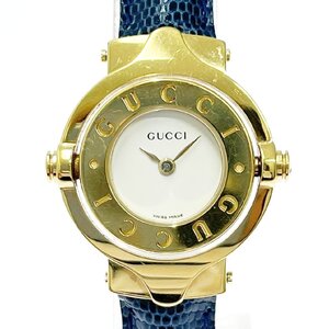 【1円スタート】GUCCI グッチ ターンフェイス バングルウォッチ GP×革ベルト ホワイト文字盤 QZ レディース腕時計 ジャンク 348546