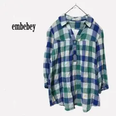 embebey 【M】 ブロックチェック スキッパーシャツ 7分袖 ブルー系
