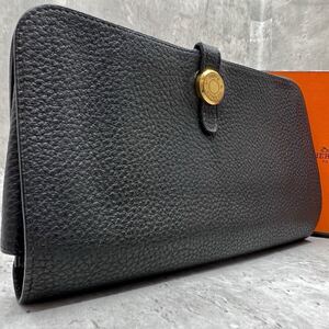 【極美品】エルメス HERMES ドゴンGM 長財布 二つ折り 小銭入れ トゴ レザー ゴールド金具 ブラック 黒 レディース メンズ □D刻印 2000年