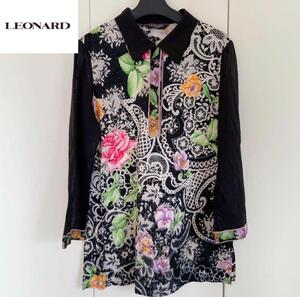 【希少】LEONARD レオナール 長袖 シャツ 花柄 黒 上品