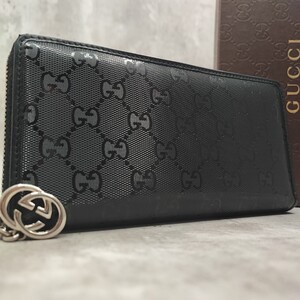 極美品/箱付●GUCCI グッチ メンズ GGインプリメ 長財布 ラウンドファスナー ジップ インターロッキング ロゴ PVC 本革 レザー 黒 ブラック