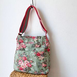 おしゃれ希少キャスキッドソンCath Kidstonピンク フラワー花柄ショルダーバッグ大容量ストライプ深型 緑キャンバス布製レッド赤ボーダー