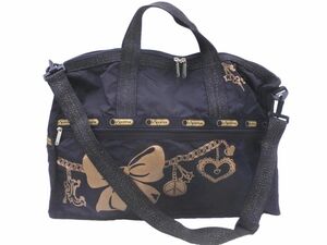 LESPORTSAC レスポートサック 2WAY ナイロン リボンプリント ボストン バッグ 黒 ■■ ☆ efc4 レディース