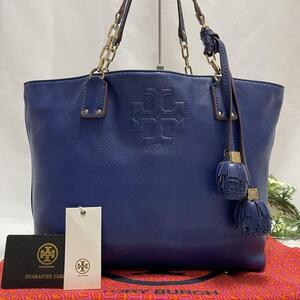 【美品】TORY BURCH トリーバーチ チェーン トートバッグ マザーズバッグ レザー タッセル 肩掛け 手提げ ブルー 青 レディース