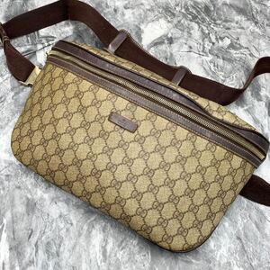 1円【極美品】GUCCI グッチ GGスプリーム メンズ ボディバッグ ショルダーバッグ ウエストポーチ 斜め掛け PVC×レザー ブラウン 茶色 総柄