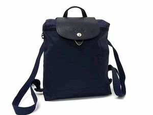 1円 ■極美品■ LONGCHAMP ロンシャン ルプリアージュ グリーン ナイロン×レザー リュックサック デイパック ネイビー系 BI6048