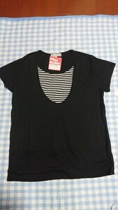 ＠443☆未使用・保管品☆マタニティ☆授乳服☆黒U字ネック重ね着風半袖Tシャツ　黒М②