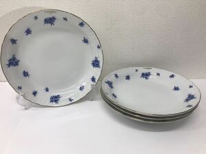 03refle0【中古】LANCEL 前畑陶器 中皿 4枚 花柄 ブルー 食器 プレート 薔薇 【現状品】