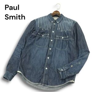 Paul Smith RED EAR ポールスミス レッドイヤー 加工 刺繍★ 裏地付 長袖 ボタンダウン デニム シャツ Sz.L メンズ 日本製　A5T00163_1#C