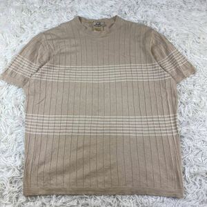 希少 リネン95% Lサイズ◎HERMES エルメス サマーニット ベージュ ボーダー メンズ 紳士服 麻 半袖 Tシャツ