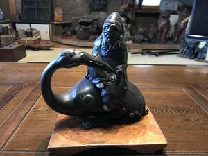 時代品古美術銅器鶴に乗る恵比寿大黒天　香炉茶道具　茶人鉄瓶