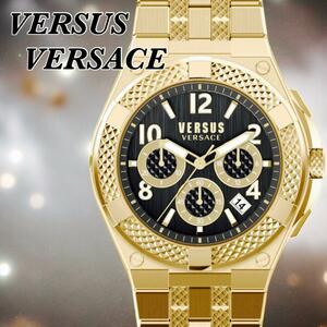 未使用 ヴェルサスヴェルサーチ VERSUS VERSACE メンズ腕時計 黒 ゴールド ブラック 金 クロノグラフ デイト表示