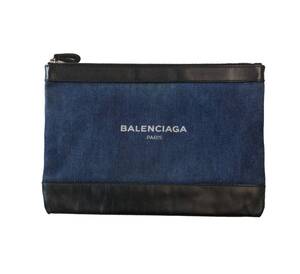 BALENCIAGA バレンシアガ レザー×デニム クラッチバッグ ポーチ ケース ネイビー/ブラック 