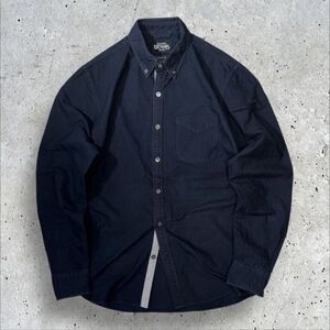 ★中厚地コットン★BEAMS JAPANEMS FABRIC 長袖BDシャツ sizeM ネイビー系 刻印ボタン ビームス 古着 クリーニング プレス済み 1773