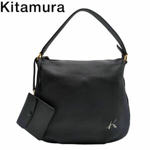 美品　Kitamura キタムラ　肩掛け　ショルダー　ハンドバッグ　レザー　紺　ネイビー