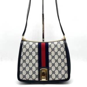 1円 べたなし 美品 GUCCI オールドグッチ GG柄 シェリーライン ショルダーバッグ ネイビー PVC レザー ゴールド金具